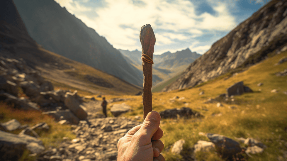 Hiker holding a wooden spear with a sharp point outside