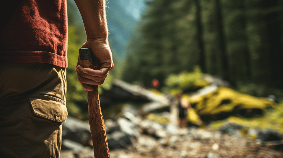 Hiker holding a wooden stick with a sharp point outside