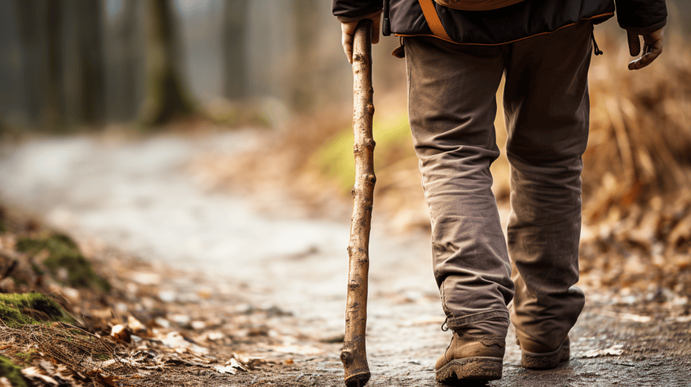 Hiker holding a wooden walking stick