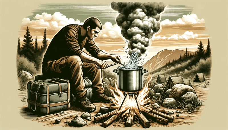 Camper boiling water over a campfire in a remote wilderness setting for purification