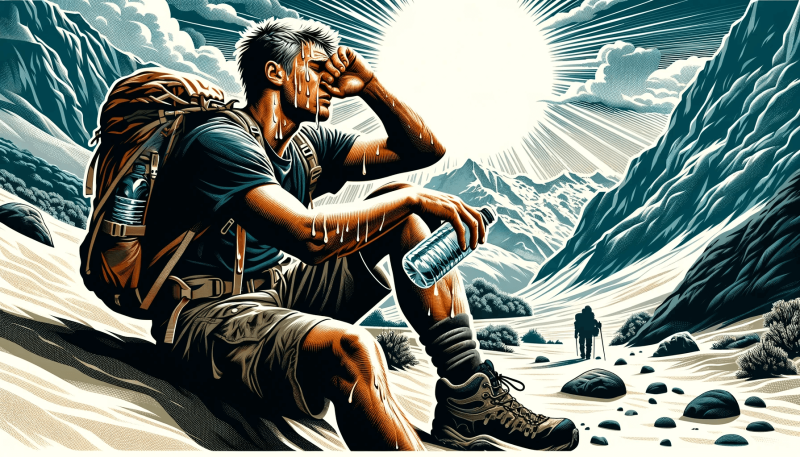 Wilderness scene depicting the silent threat of dehydration with a hiker in distress