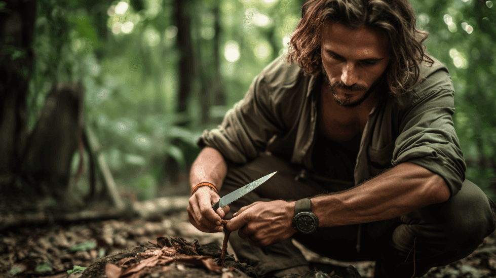 Survivalist using a small survival knife